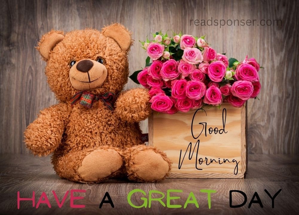 A attractive teddy is sitting with bouquet of rose flowers to wish you very cute morning