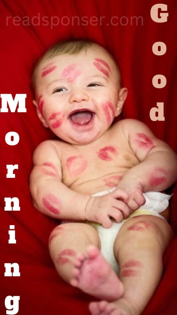 A funny kid and many lips prints on his body is laughing and wishing you a funny morning
