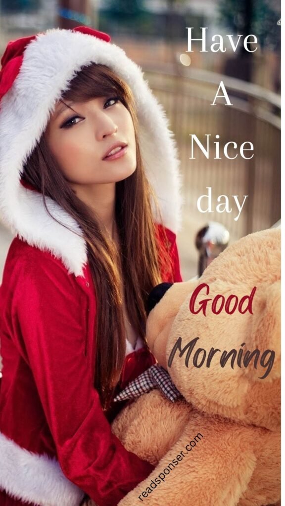 A girl is there with a teddy and have nice costume with a wish for you in this cute good morning