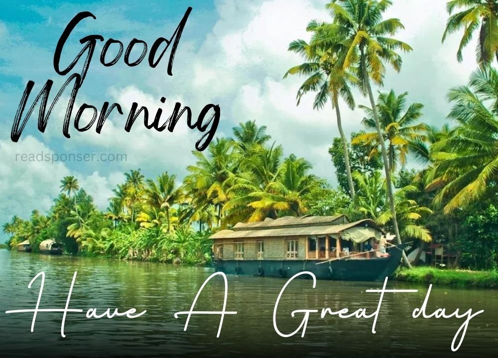 The great picture where a house is situated near the river and coconut trees are there in the special morning