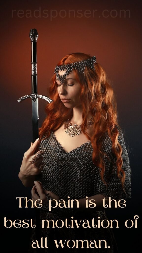 A beautiful picture where a woman is holding a sword in her hands and a necklace in her neck is wishing you a powerful morning