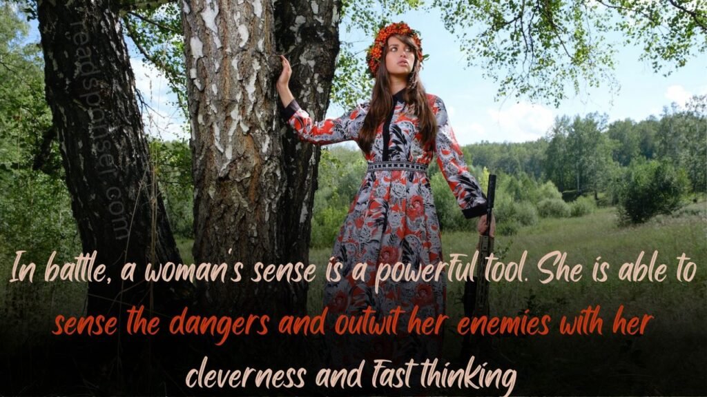 A warrior woman is standing near the tree and looking her enemies in a huge forest in this amazing morning